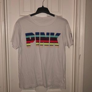 PINK rainbow logo white tee